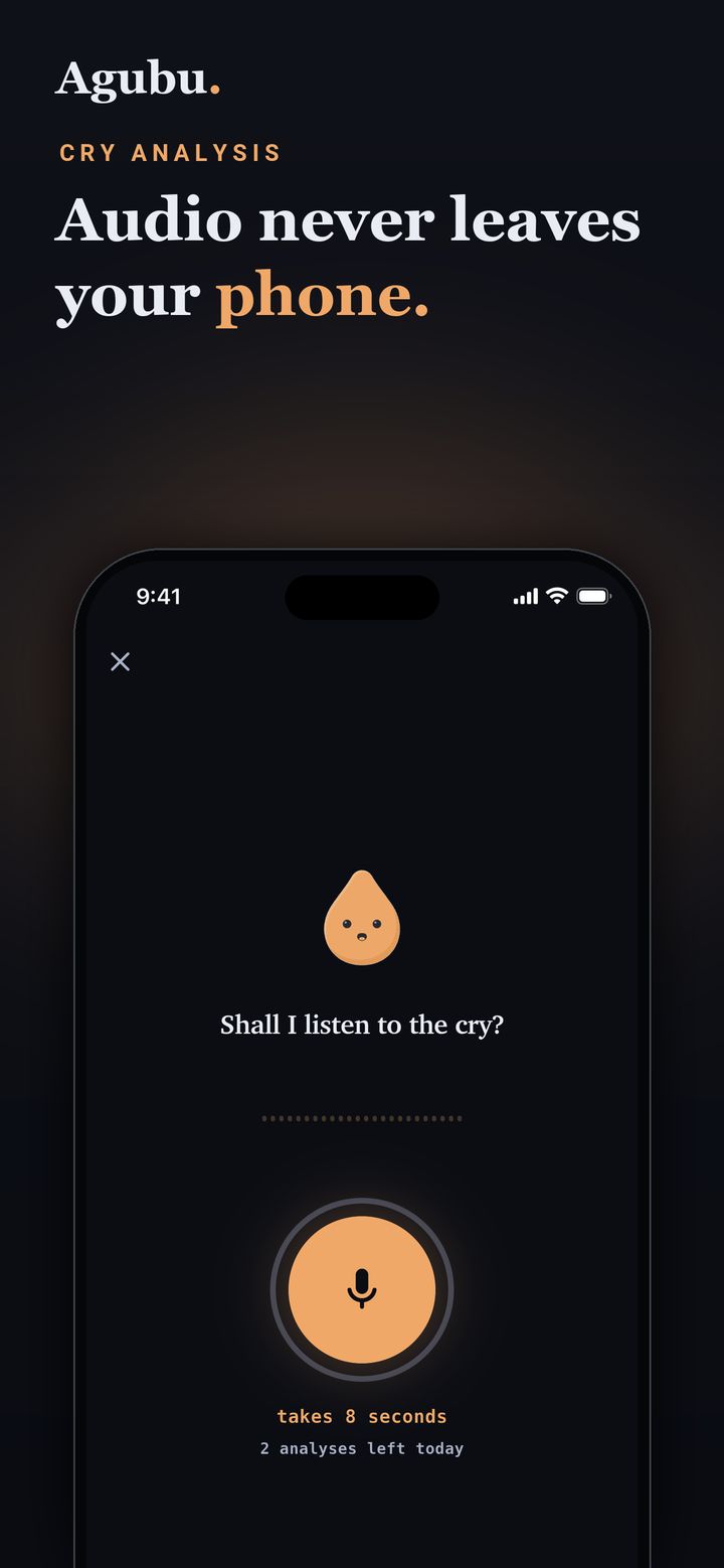 Baby app privacy — no account, no server, no tracking