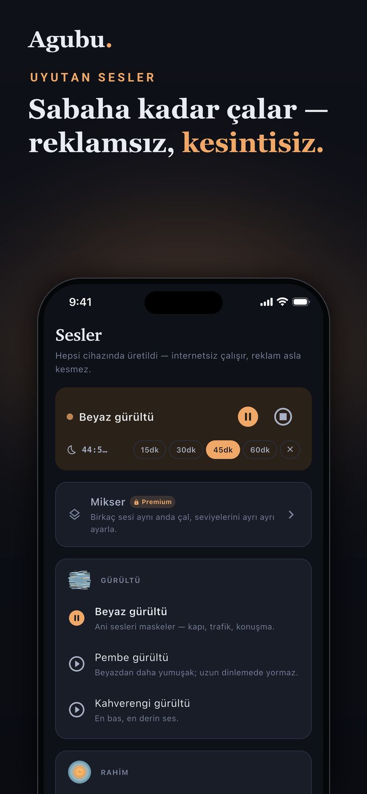 Bebek uyutan sesler — beyaz gürültü, ninni ve rahim sesi, reklamsız
